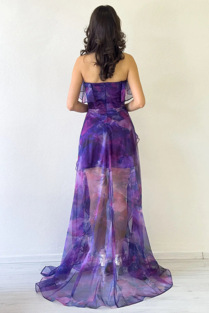 Women's Purple Tie-Dyeli Strapless Ruffled Evening Gown