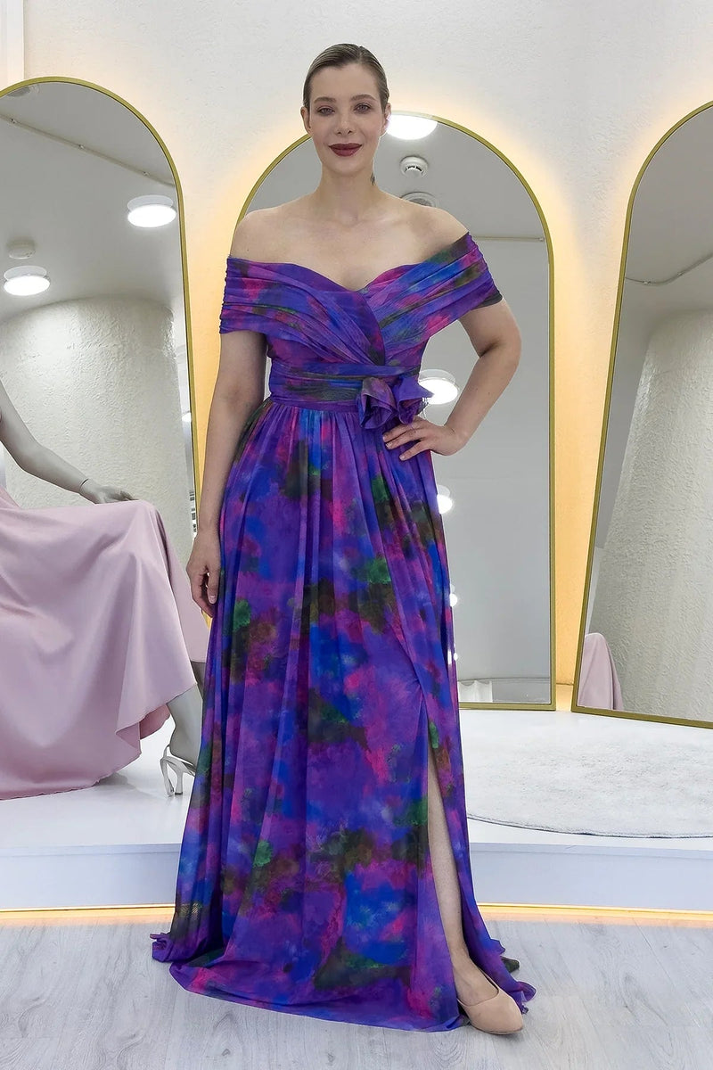 Purple Off-Shoulder Patterned Tulle Evening Dress