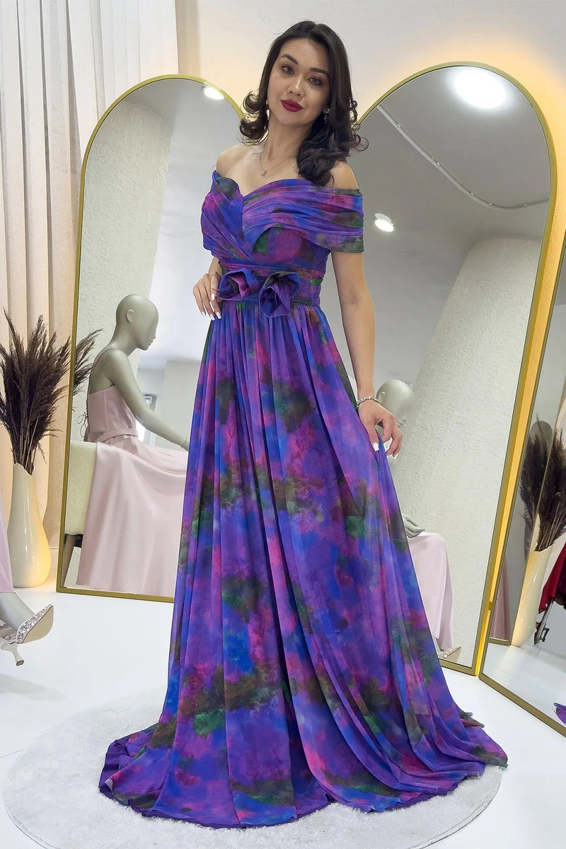 Women's Purple Tie-Dyeli Madonna Collar Patterned Tulle Evening Gown