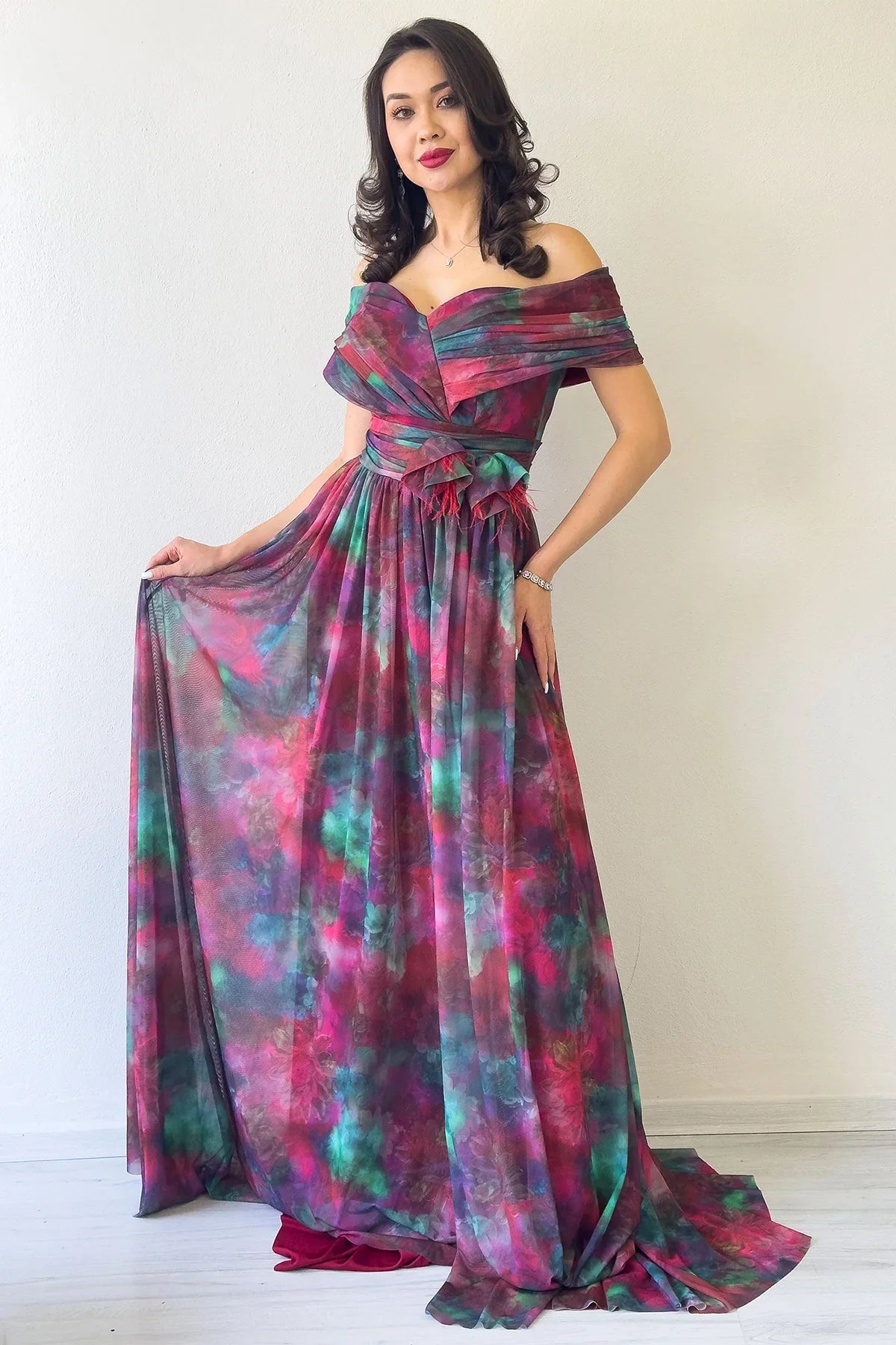 Women's Plum Tie-Dyeli Madonna Collar Patterned Tulle Evening Gown