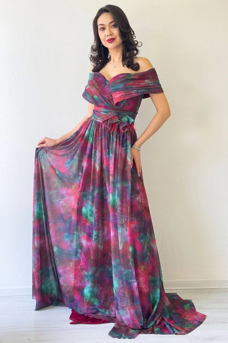 Women's Plum Tie-Dyeli Madonna Collar Patterned Tulle Evening Gown