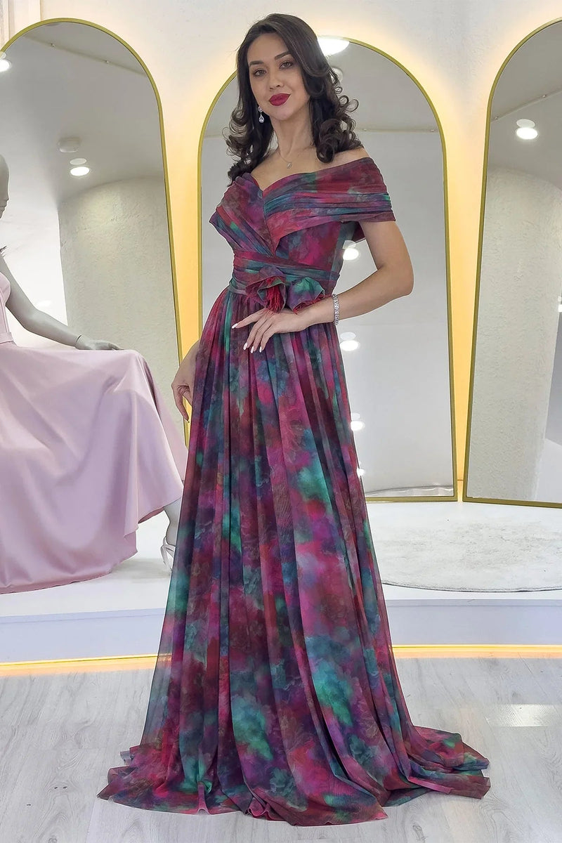 Women's Plum Tie-Dyeli Madonna Collar Patterned Tulle Evening Gown