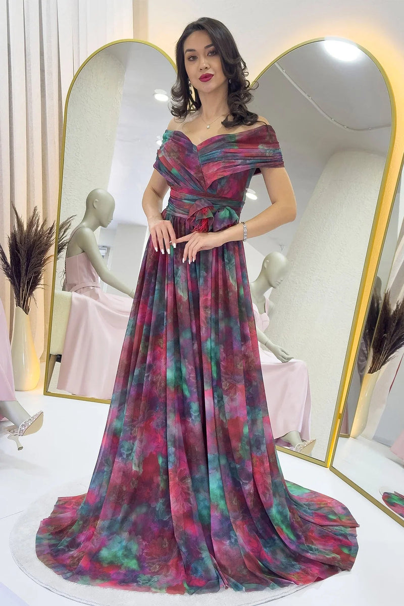 Women's Plum Tie-Dyeli Madonna Collar Patterned Tulle Evening Gown