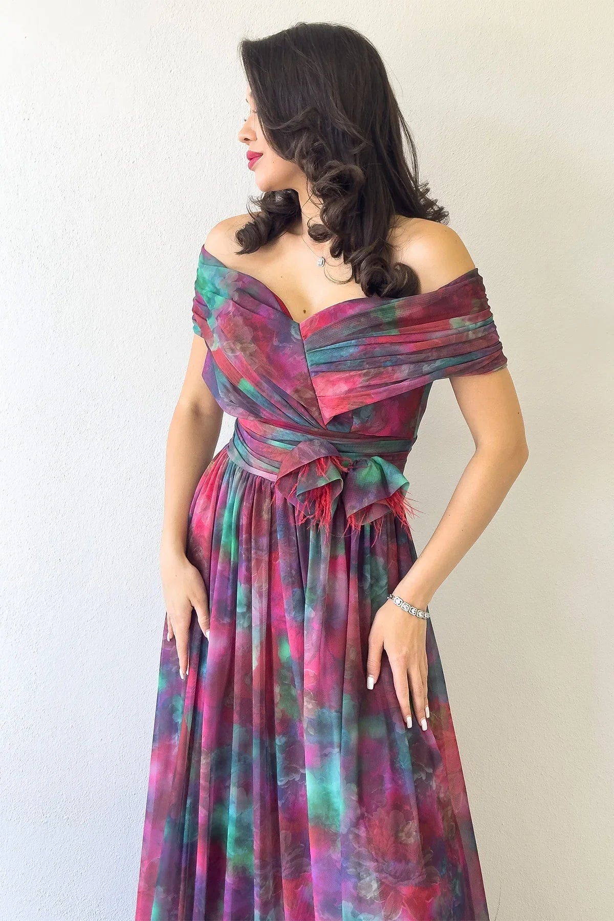 Women's Plum Tie-Dyeli Madonna Collar Patterned Tulle Evening Gown