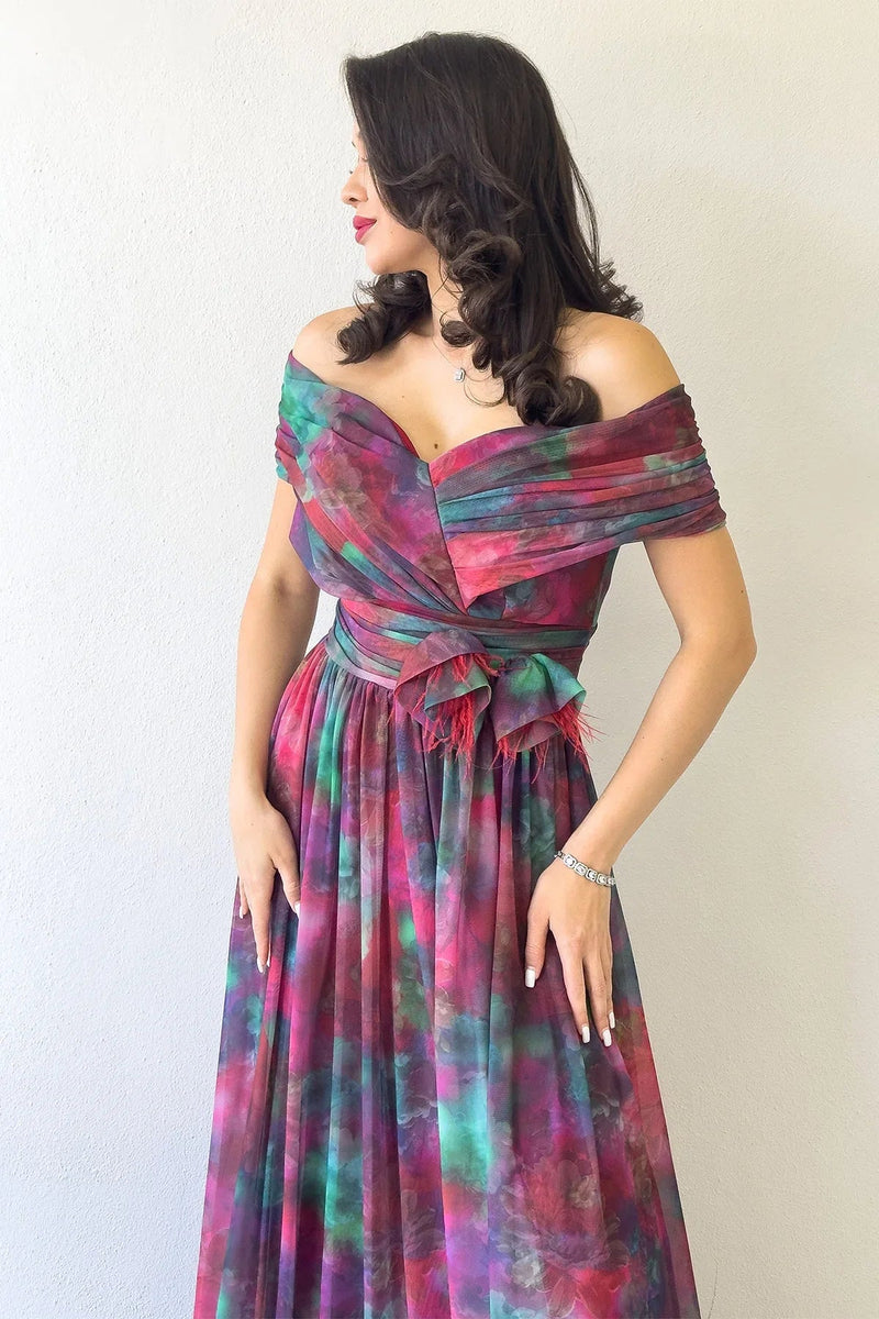 Women's Plum Tie-Dyeli Madonna Collar Patterned Tulle Evening Gown