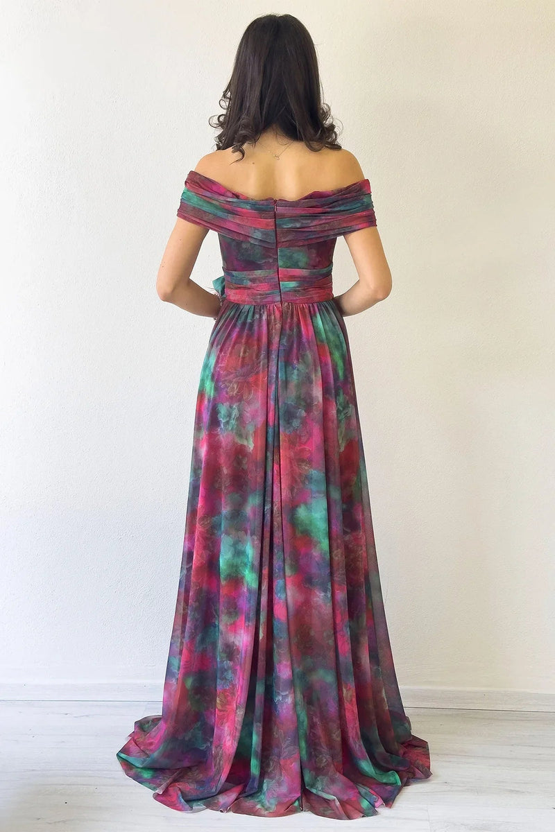 Women's Plum Tie-Dyeli Madonna Collar Patterned Tulle Evening Gown