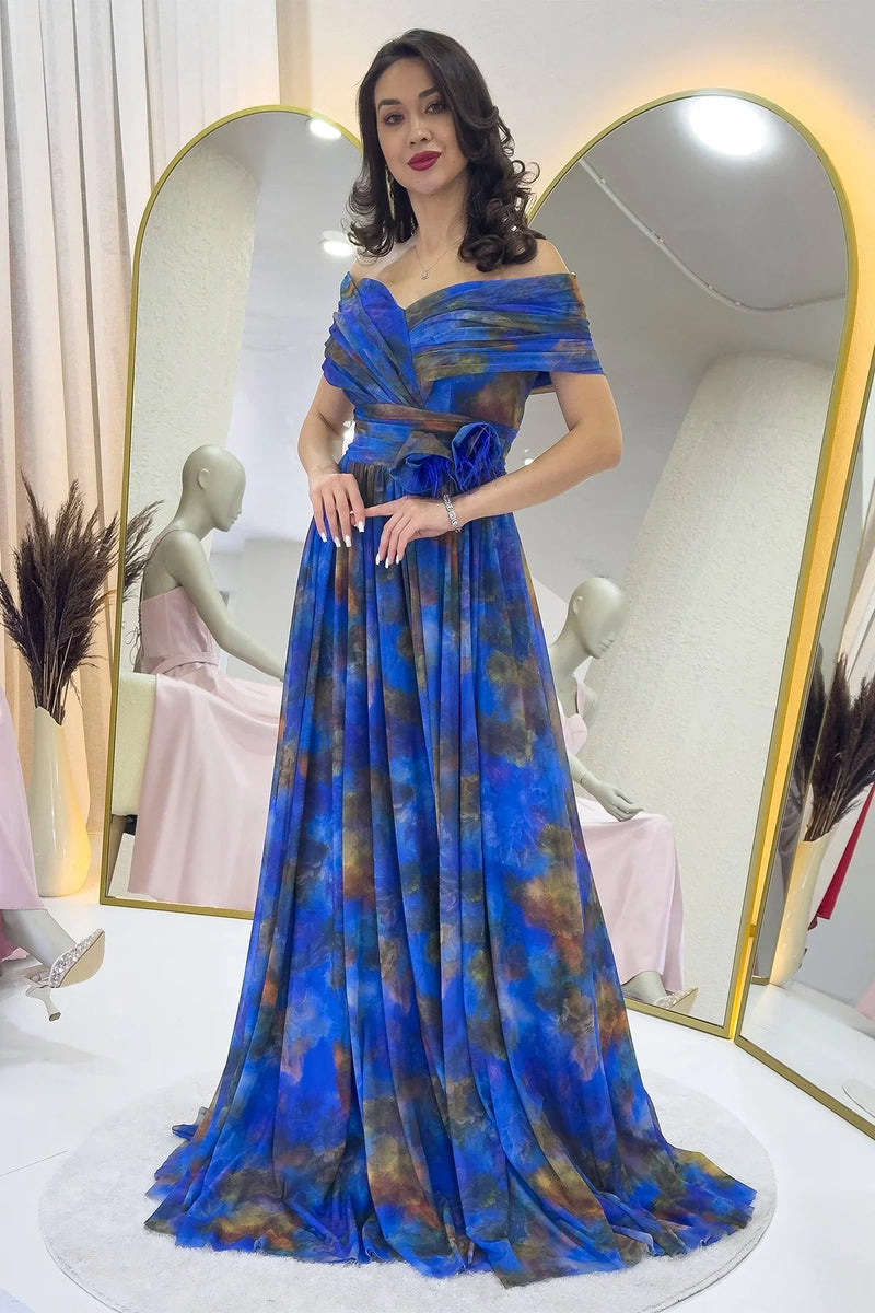 Women's Saxe Tie-Dyeli Madonna Collar Patterned Tulle Evening Gown