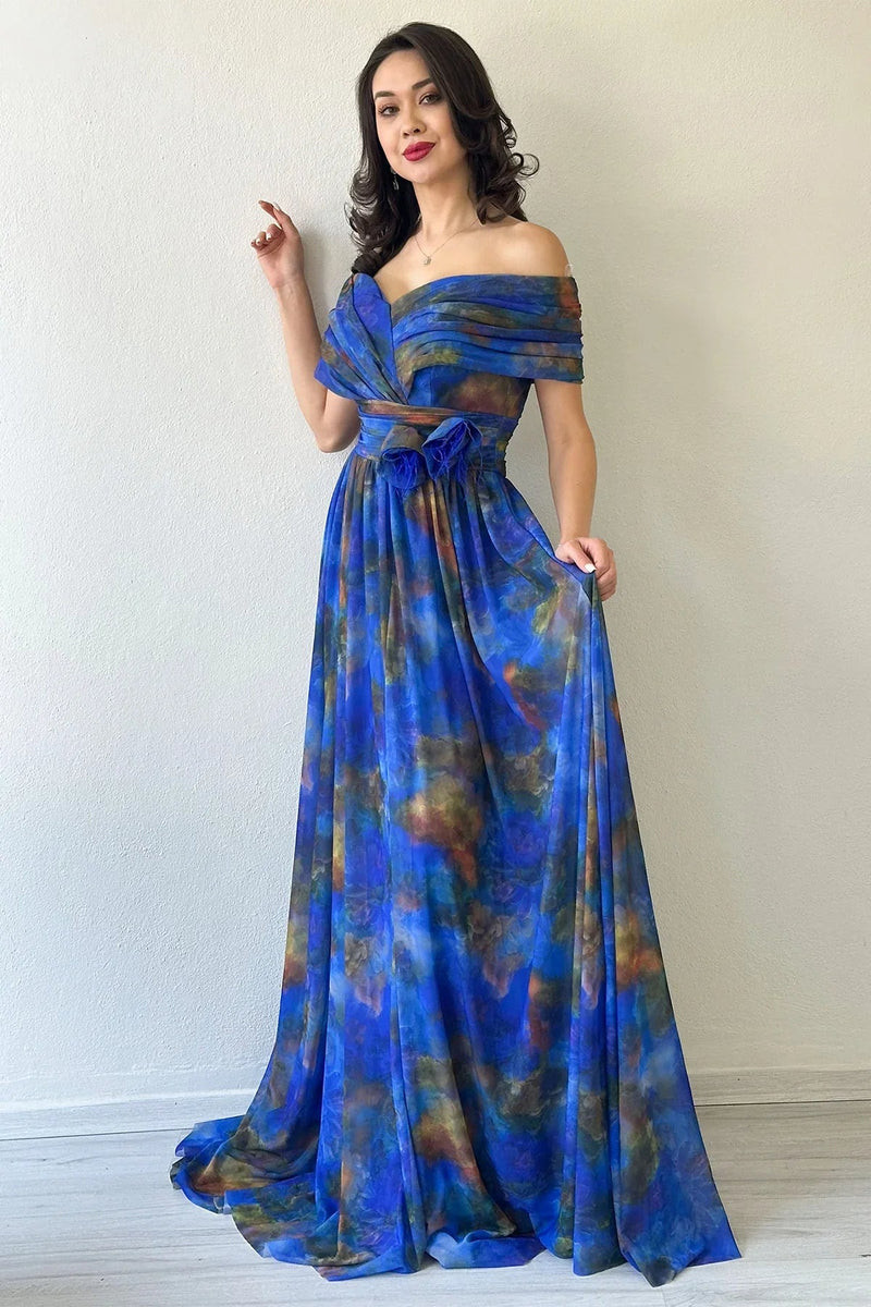 Women's Saxe Tie-Dyeli Madonna Collar Patterned Tulle Evening Gown