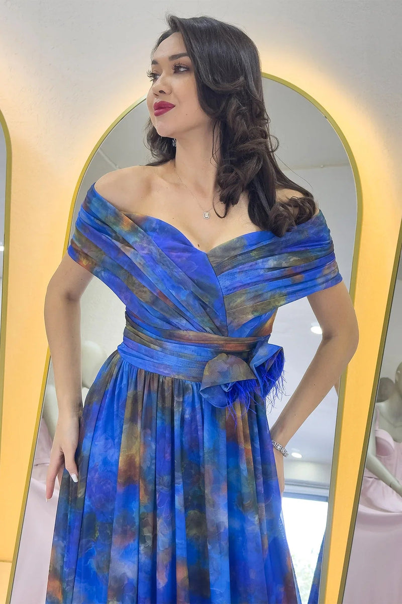 Women's Saxe Tie-Dyeli Madonna Collar Patterned Tulle Evening Gown