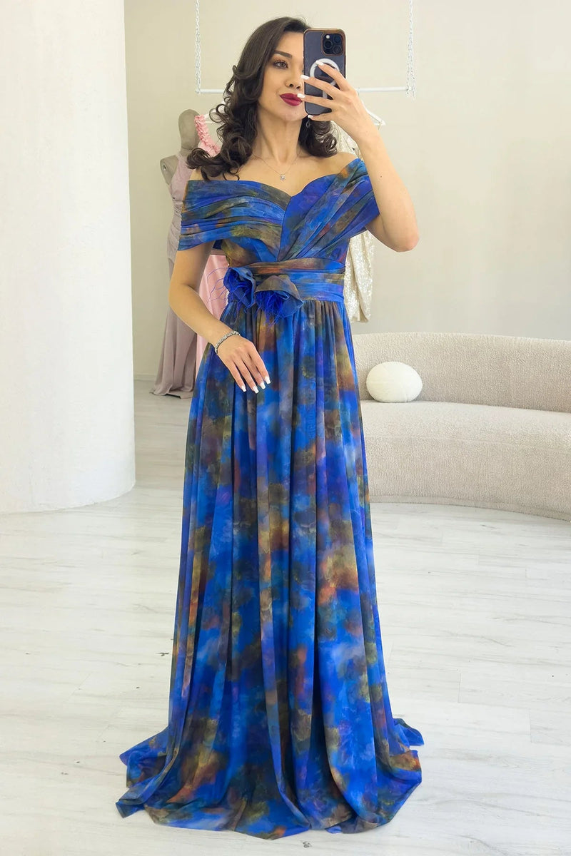 Women's Saxe Tie-Dyeli Madonna Collar Patterned Tulle Evening Gown