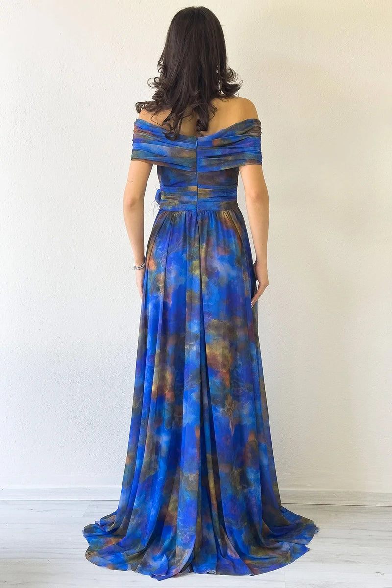 Women's Saxe Tie-Dyeli Madonna Collar Patterned Tulle Evening Gown