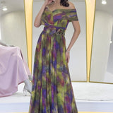 Green Off-Shoulder Patterned Tulle Evening Dress