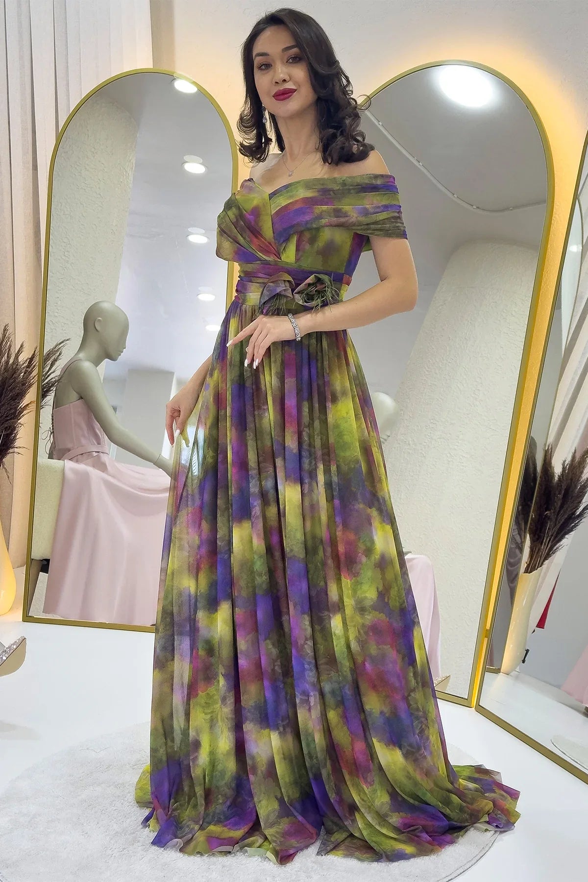 Women's Green Tie-Dyeli Madonna Collar Patterned Tulle Evening Gown