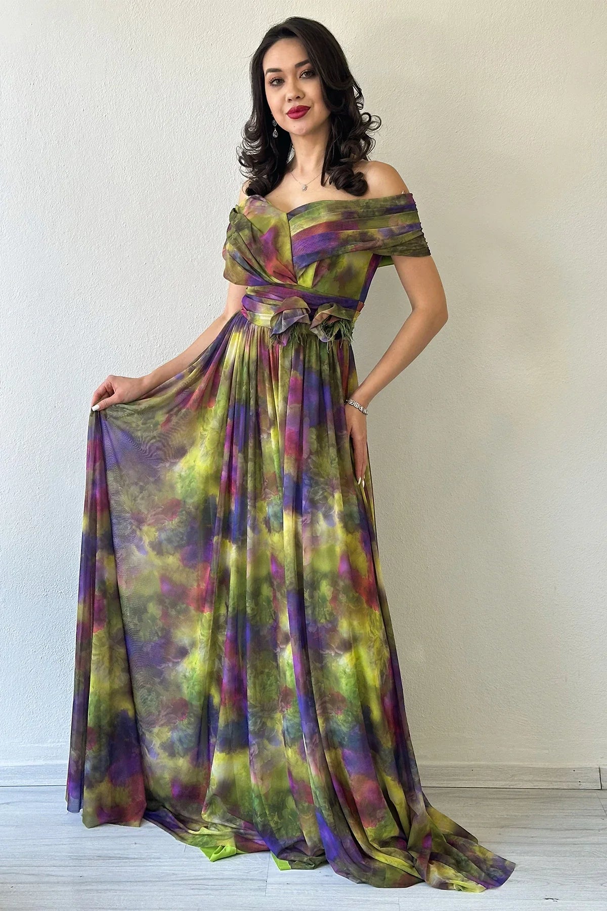 Women's Green Tie-Dyeli Madonna Collar Patterned Tulle Evening Gown