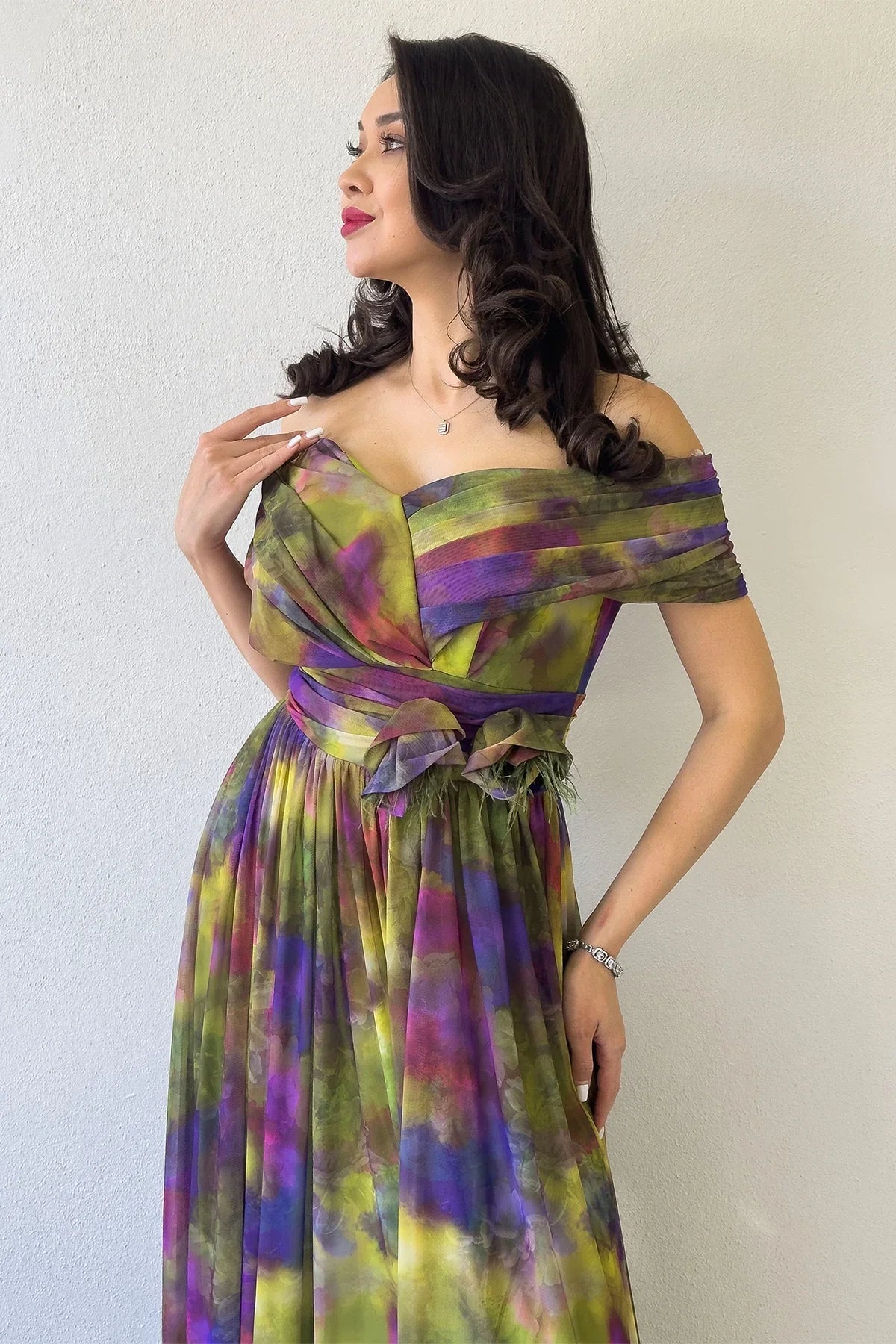 Women's Green Tie-Dyeli Madonna Collar Patterned Tulle Evening Gown