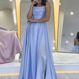 Baby Blue Thin-Strapped Satin Evening Dress