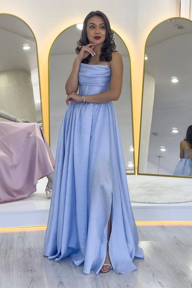 Women's Baby Blue Open Back Corset Detail Slit Evening Gown
