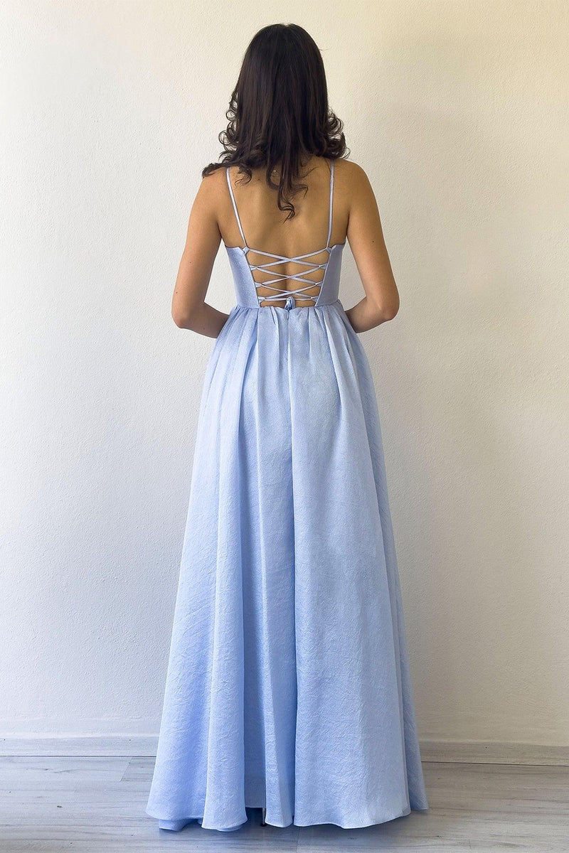 Women's Baby Blue Open Back Corset Detail Slit Evening Gown