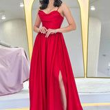 Red Thin-Strapped Satin Evening Dress