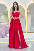 Red Thin-Strapped Satin Evening Dress
