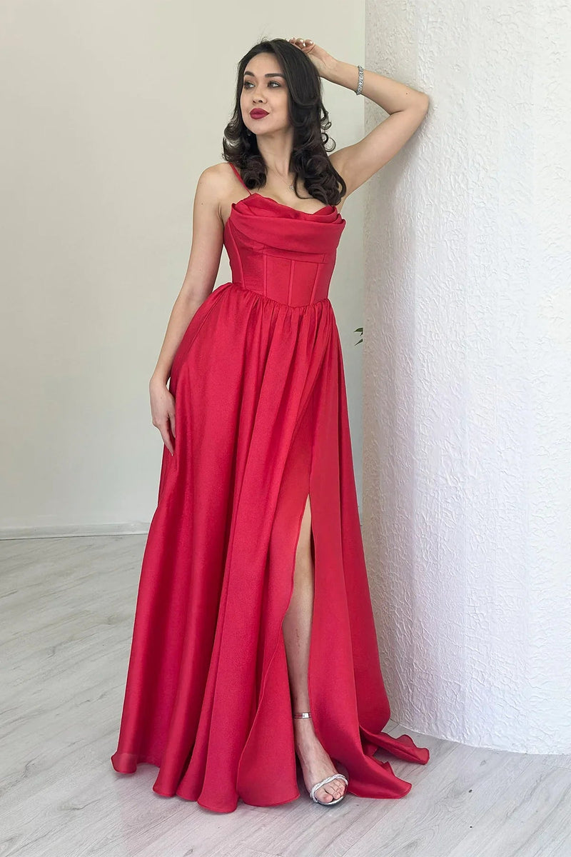 Women's Red Open Back Corset Detail Slit Evening Gown