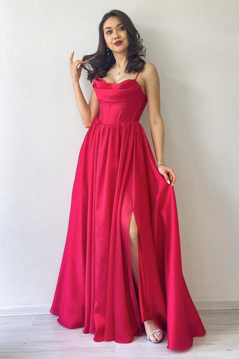 Women's Red Open Back Corset Detail Slit Evening Gown