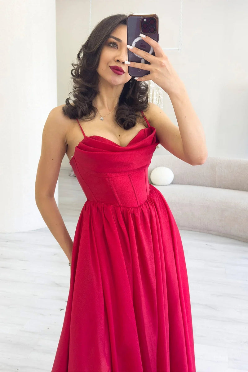 Women's Red Open Back Corset Detail Slit Evening Gown