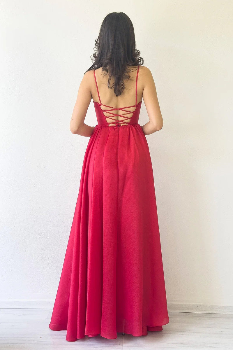 Women's Red Open Back Corset Detail Slit Evening Gown