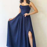 Navy Blue Thin-Strapped Satin Evening Dress