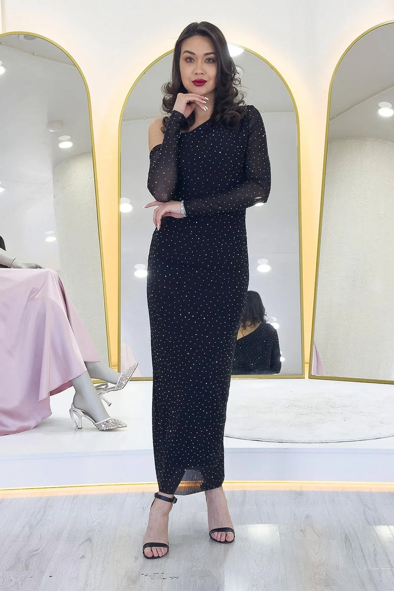 Women's Black Tek Omuz Taşlı Midi Tulle Dress