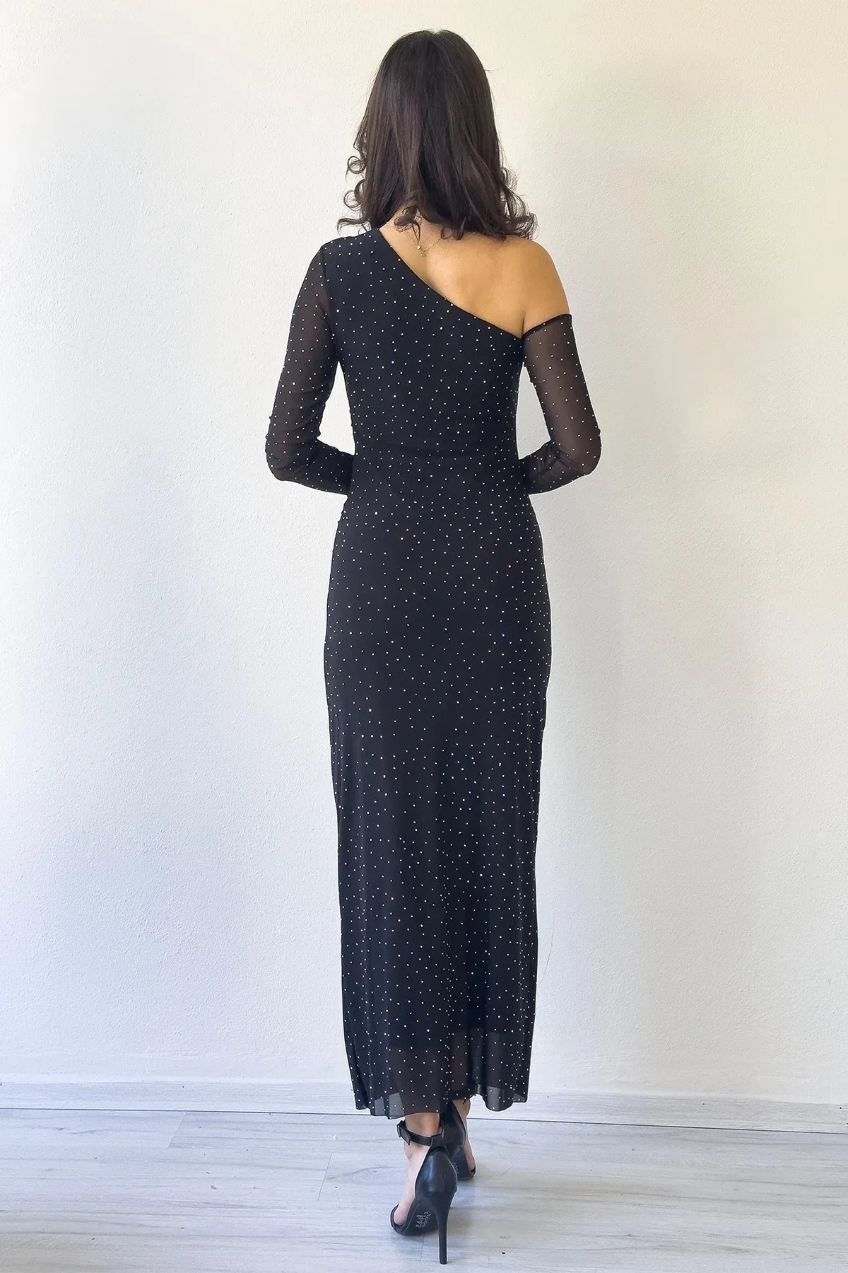 Women's Black Tek Omuz Taşlı Midi Tulle Dress