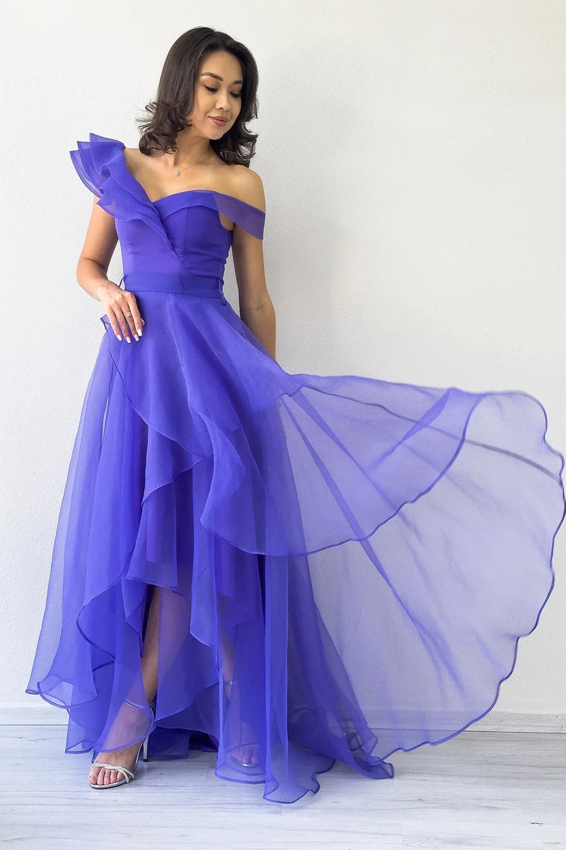 Purple Asymmetrical Skirt Tulle Evening Dress