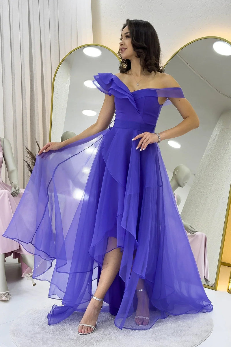 Purple Asymmetrical Skirt Tulle Evening Dress