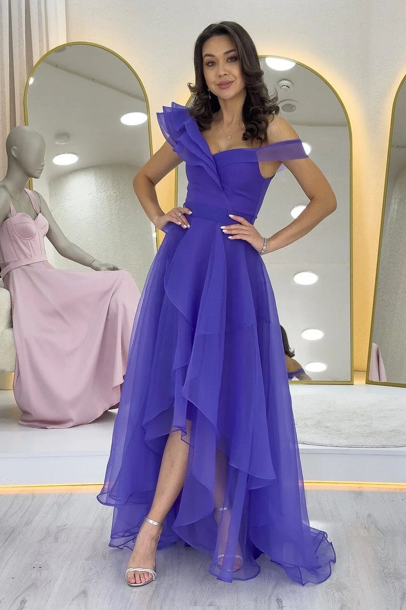 Purple Asymmetrical Skirt Tulle Evening Dress