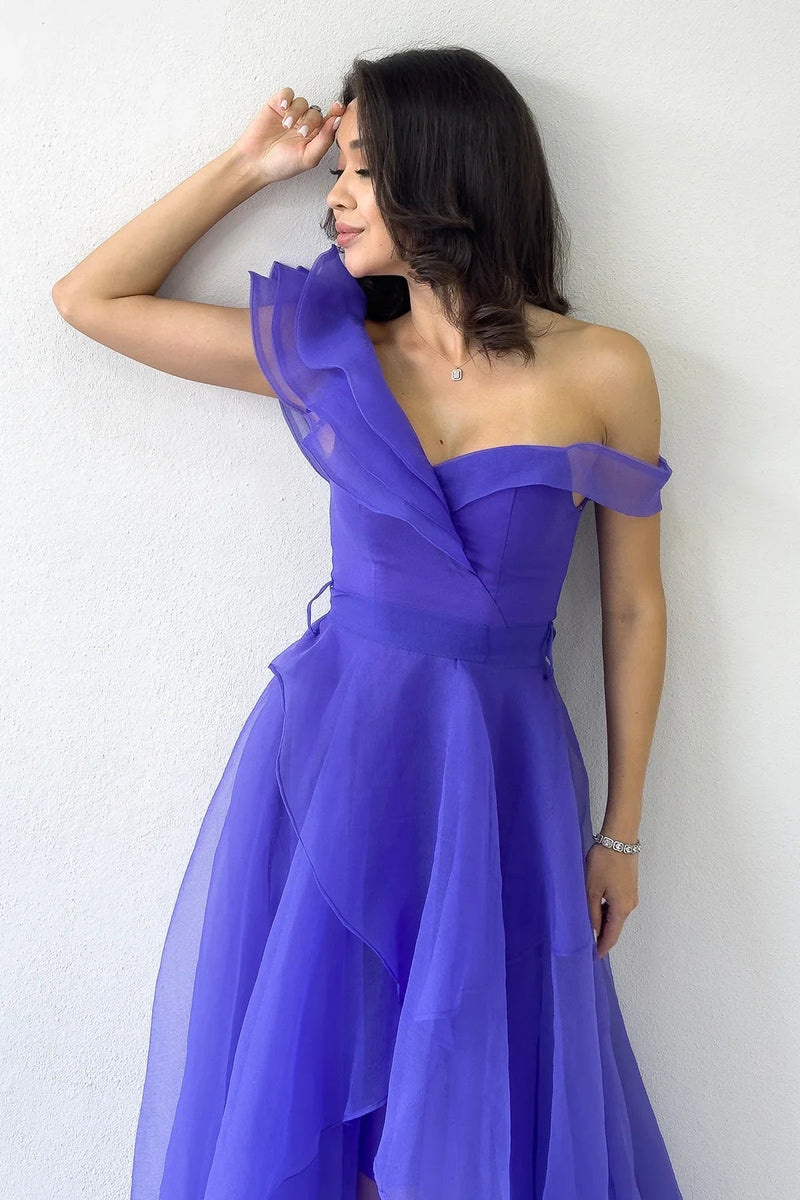 Purple Asymmetrical Skirt Tulle Evening Dress