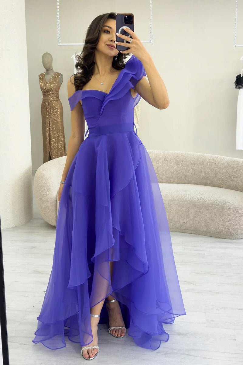 Purple Asymmetrical Skirt Tulle Evening Dress