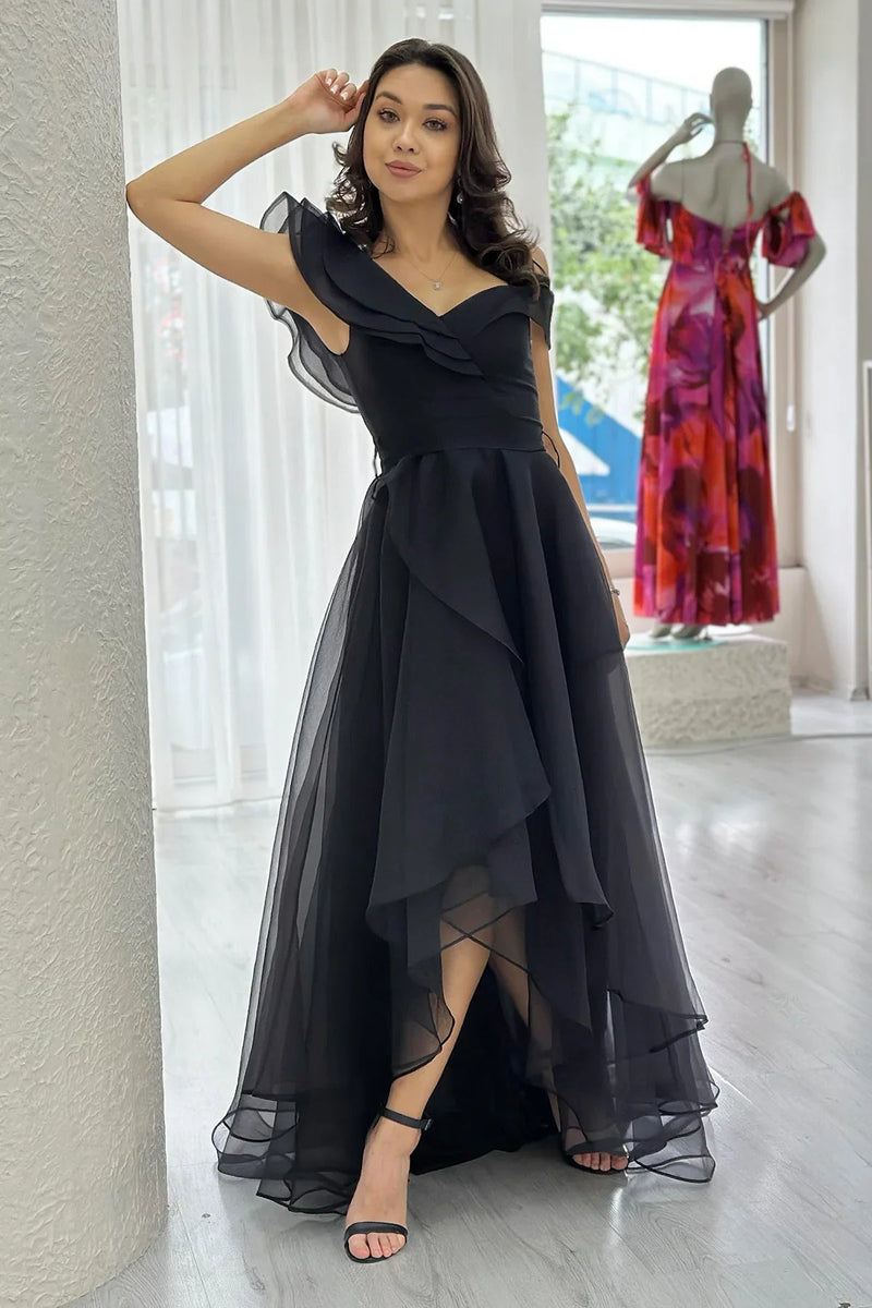 Black Asymmetrical Skirt Tulle Evening Dress