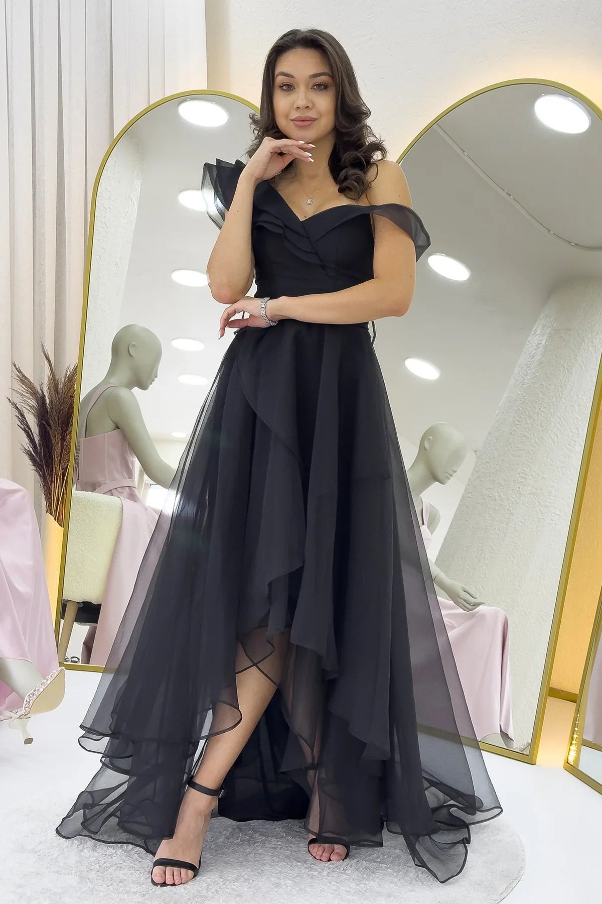 Black Asymmetrical Skirt Tulle Evening Dress