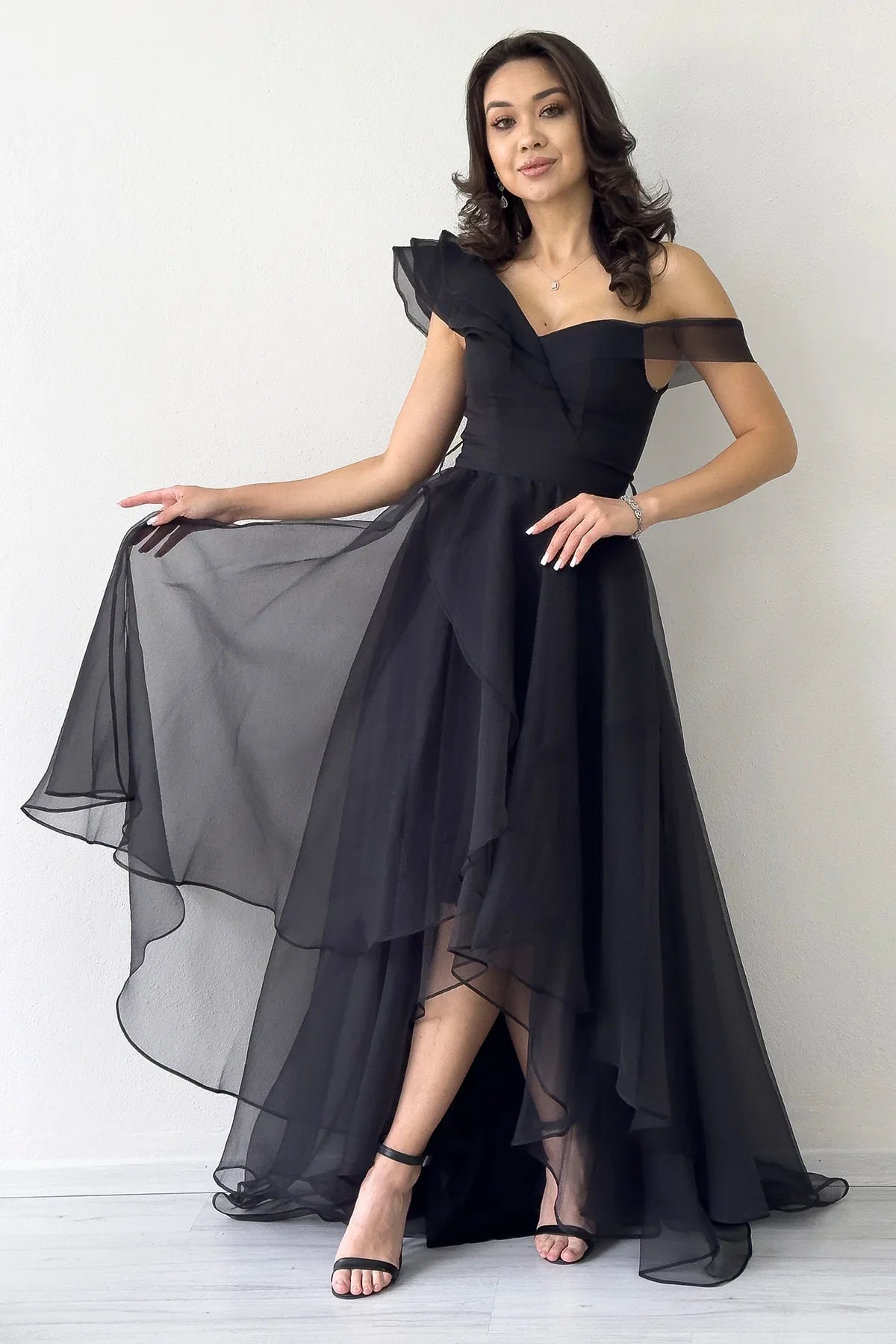 Black Asymmetrical Skirt Tulle Evening Dress