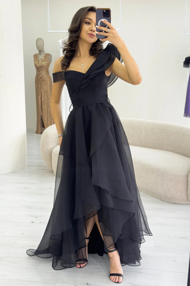 Black Asymmetrical Skirt Tulle Evening Dress