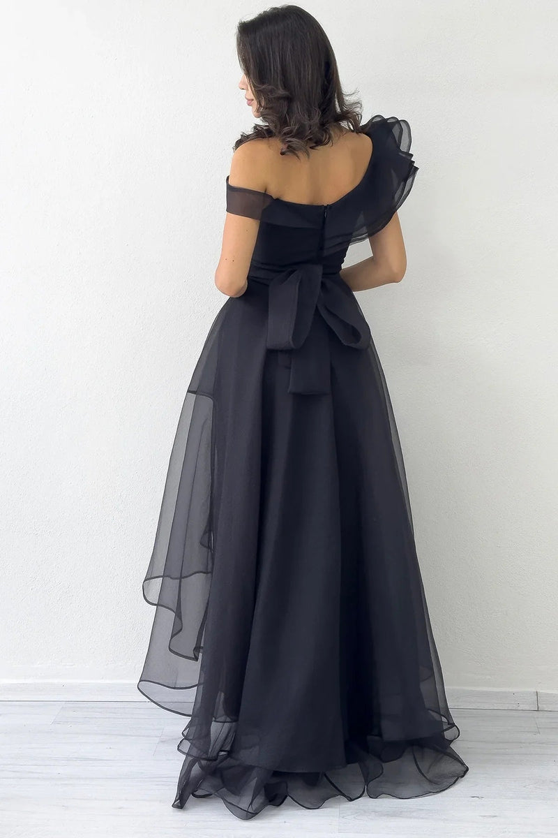 Black Asymmetrical Skirt Tulle Evening Dress