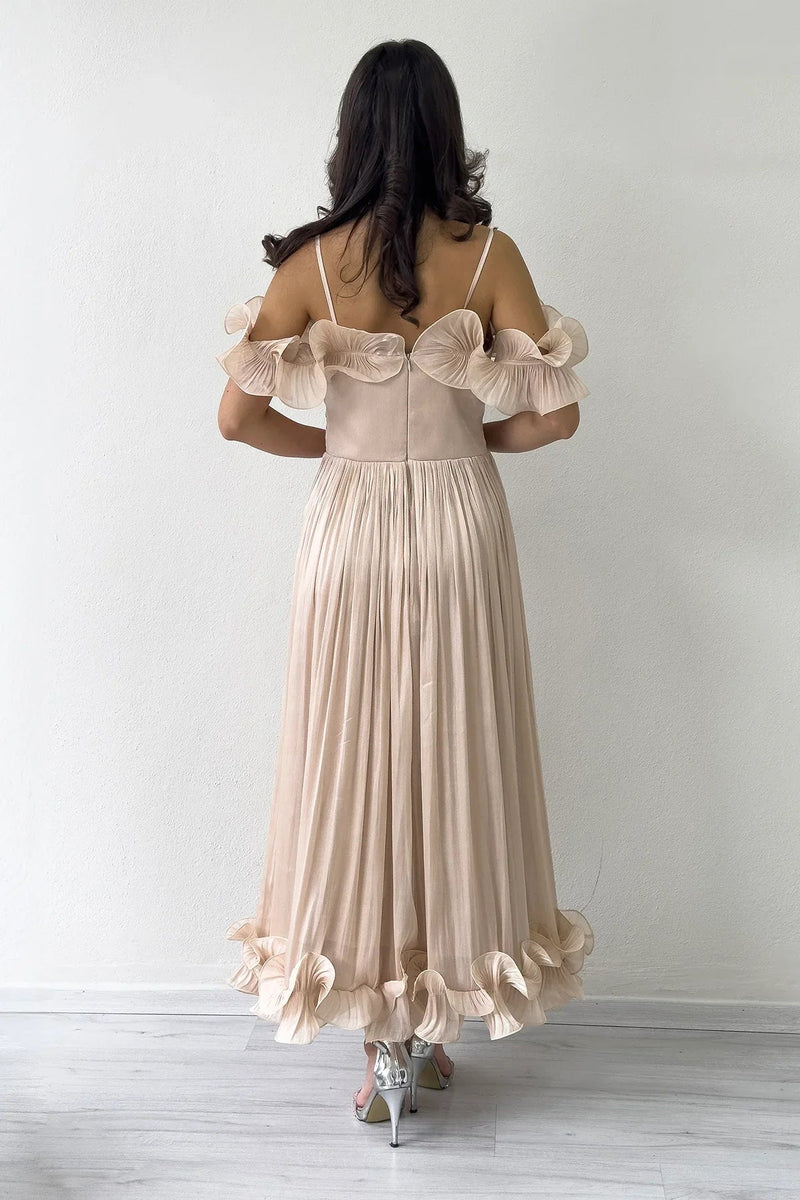 Women's Krem Off-Shoulder Strap Volan Detail Midi Evening Gown