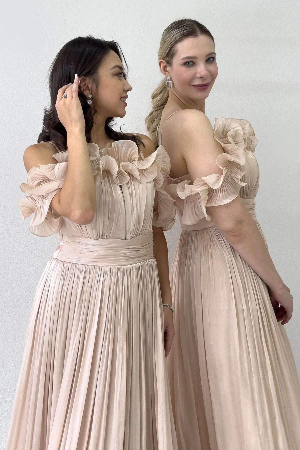 Women's Krem Off-Shoulder Strap Volan Detail Midi Evening Gown