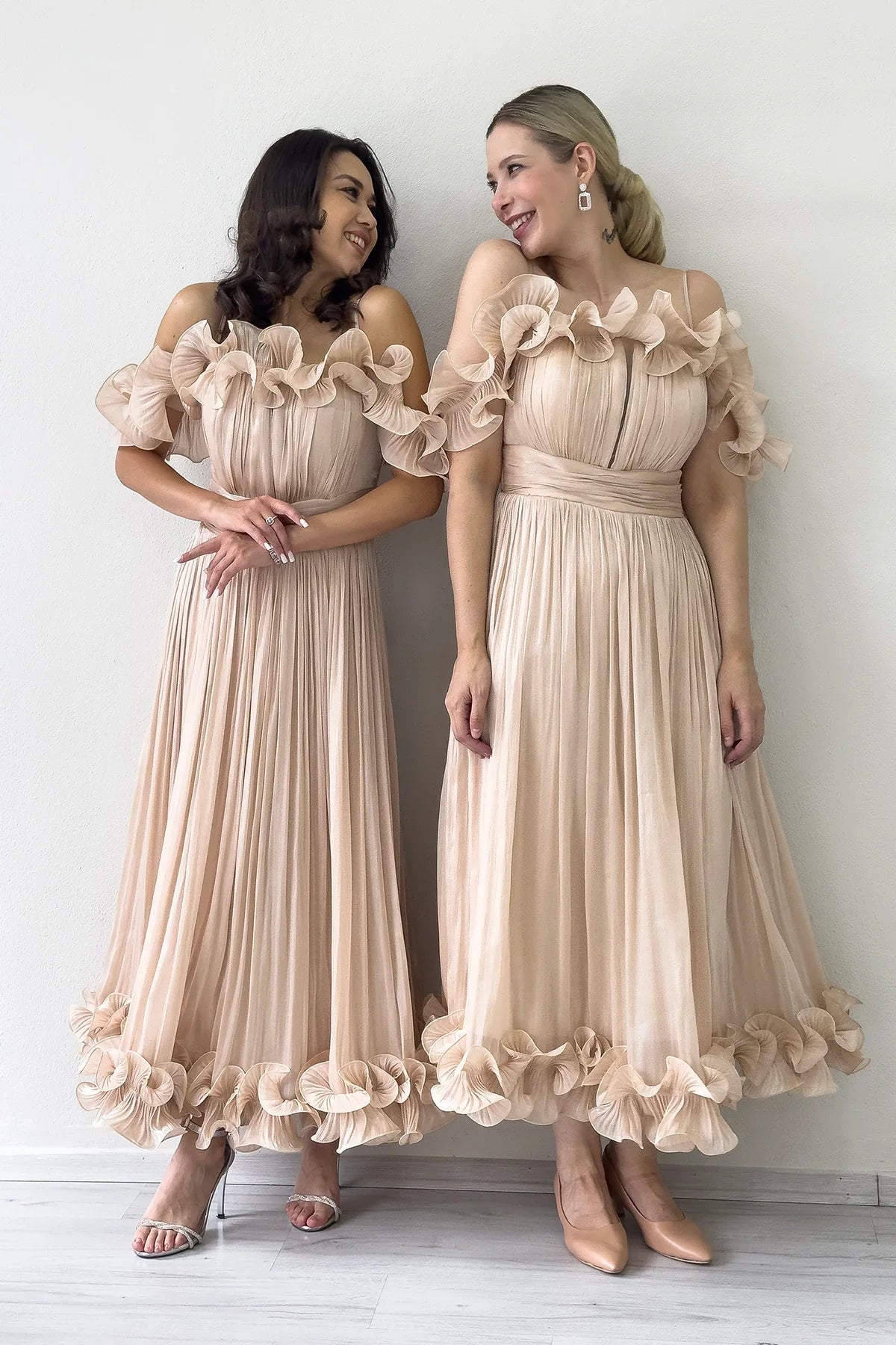 Women's Krem Off-Shoulder Strap Volan Detail Midi Evening Gown