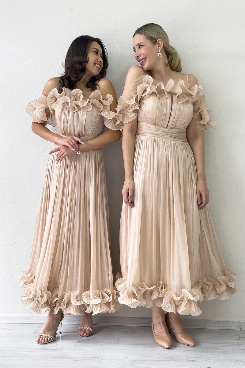 Women's Krem Off-Shoulder Strap Volan Detail Midi Evening Gown