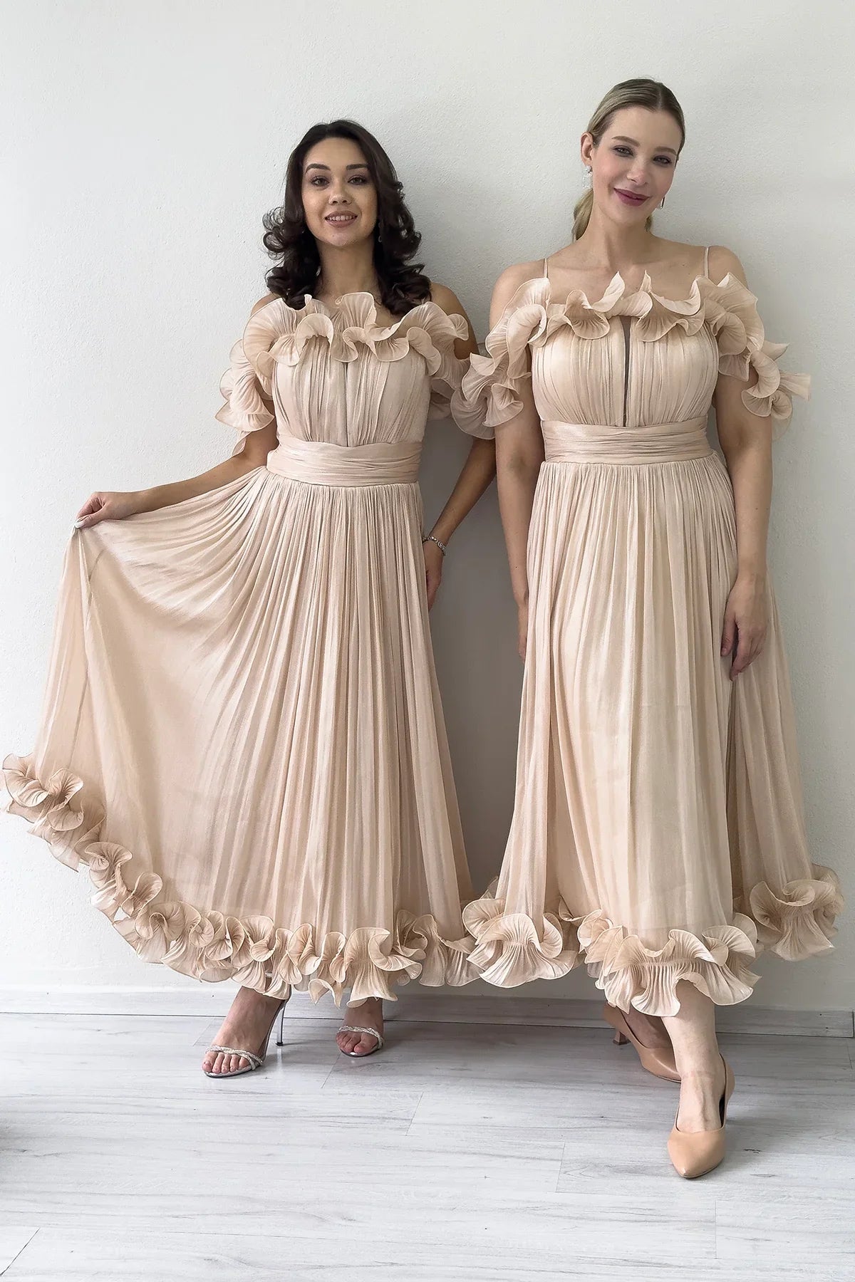 Women's Krem Off-Shoulder Strap Volan Detail Midi Evening Gown