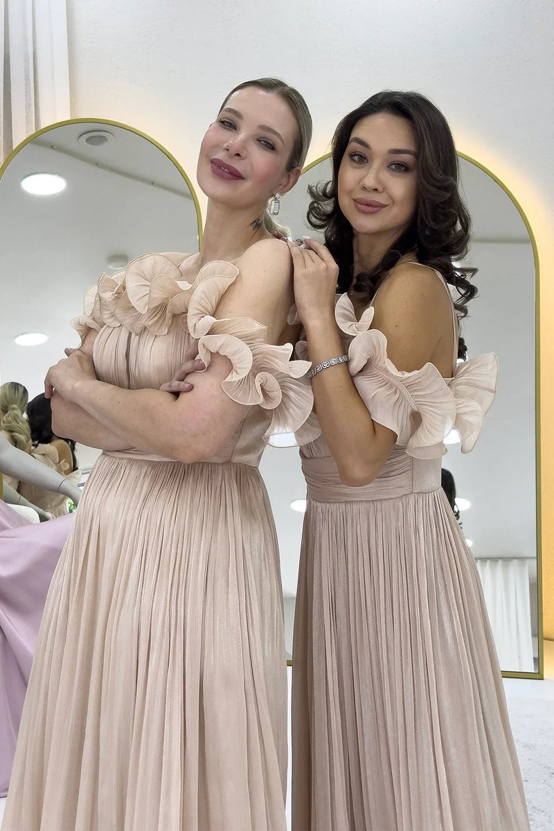 Women's Krem Off-Shoulder Strap Volan Detail Midi Evening Gown