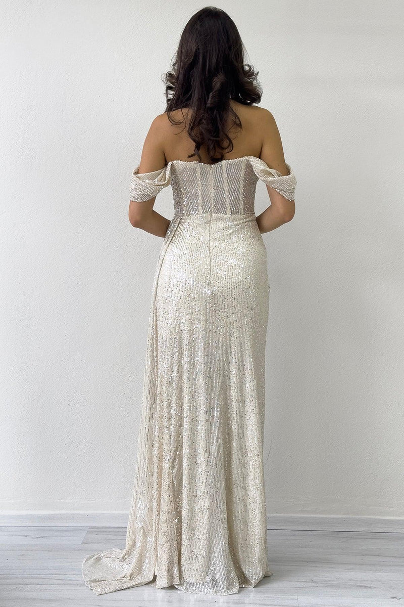 Women's Off-Shoulder Beige Sequin Slit Evening Gown