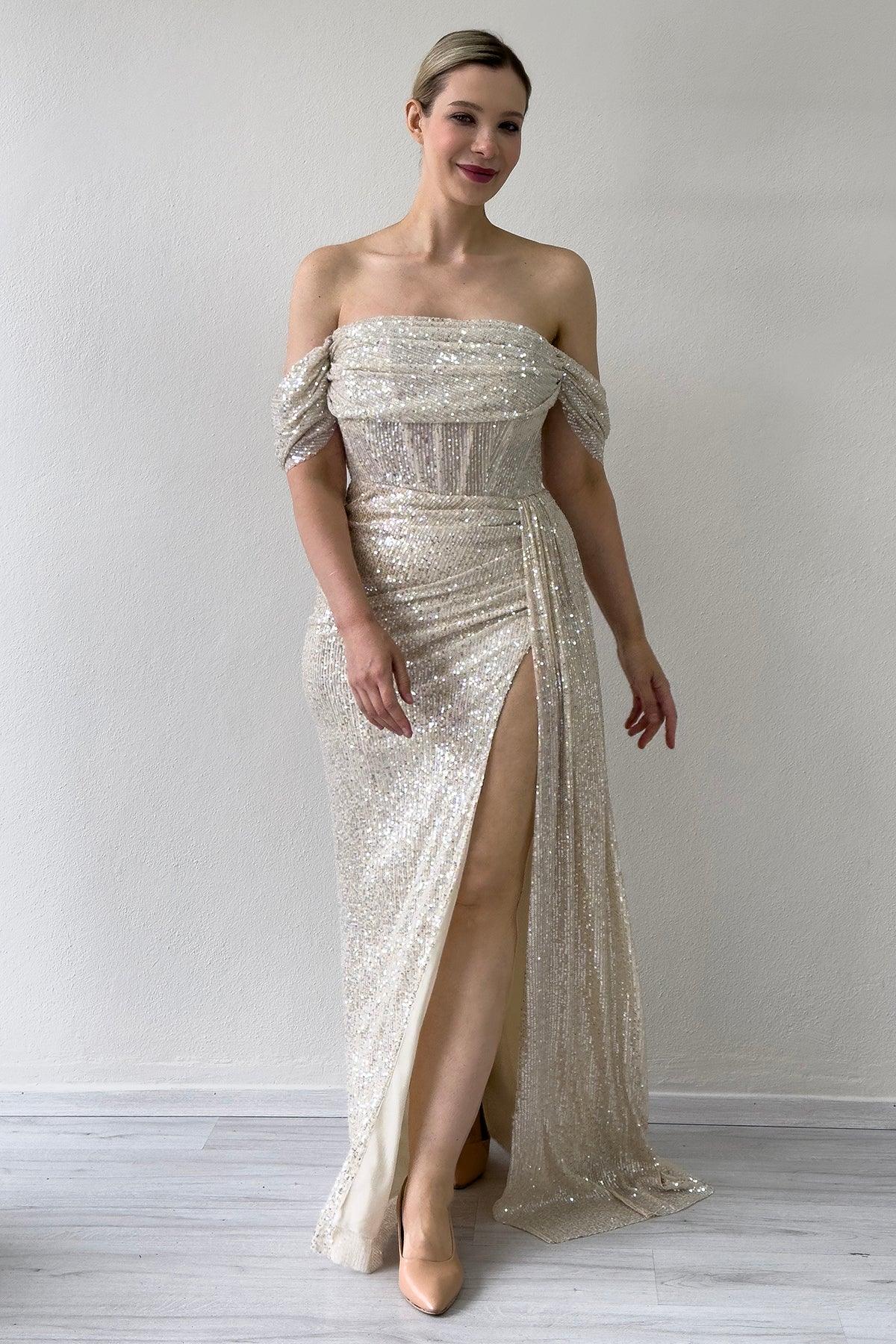 Women's Off-Shoulder Beige Sequin Slit Evening Gown