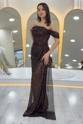 Brown Off-Shoulder Sequin Deep Slit Evening Dress